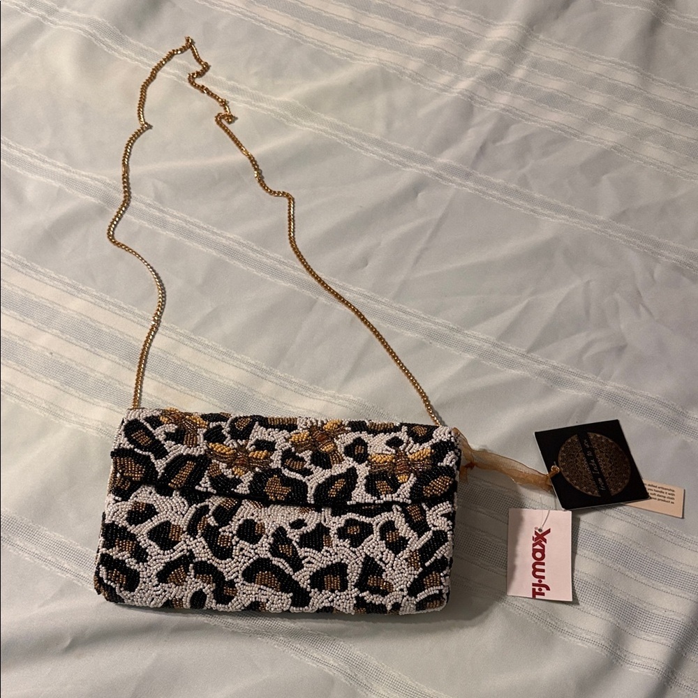 T.J.Maxx Leopard Pattern Beaded Clutch with Gold Chain